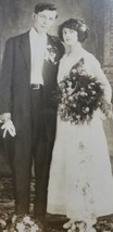 Antique 1910s RPPC GROOM &amp; PRETTY BRIDE IN WEDDING DRESS Flowers St. Lou... - £5.91 GBP