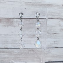 Vintage Clip On Earrings Extra Long Statement Dangle Clear/Iridescent - £12.84 GBP