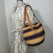 Vintage Sisal &amp; Leather Woven Handmade Oval Basket Market Shoulder Bag B... - $150.00