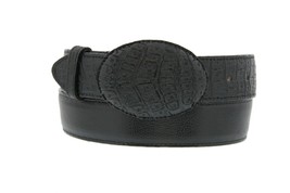 Black Cowboy Leather Belt Crocodile Belly Pattern Western Rodeo Buckle Overlay - £23.97 GBP