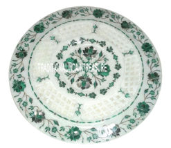 12&quot; White Filigree Marble Round Tray Plate Malachite Floral Art Inlay De... - £303.65 GBP