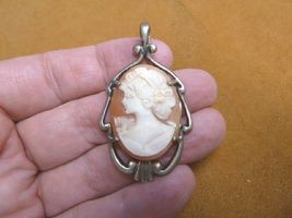 C-1358) Girl with curly hair flower shell CAMEO sterling silver Pendant - $74.19