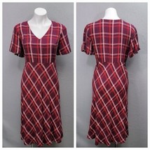 J Jill Burgundy Red Retro 90s Plaid V-Neck Midi Dress Size Medium - £35.44 GBP