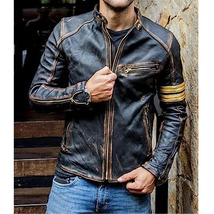 Men s vintage golden striped cafe racer distressed  black real leather jacket  3  thumb200