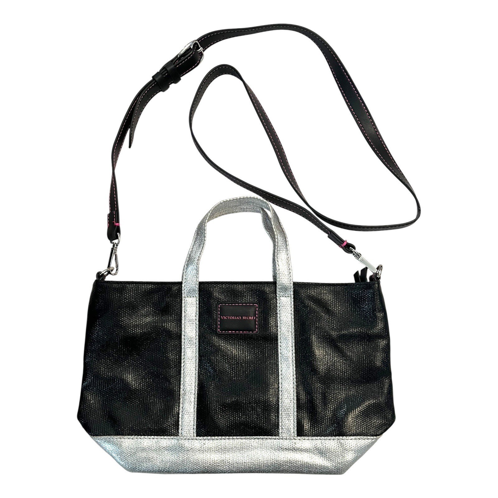 Victoria’s Secret Mini Tote Crossbody Bag Black Silver Trim Zip Top 7x11... - $20.00