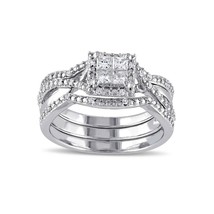 1/2 Ct Princess Cut Simulated Diamond Halo 925 Silver 3-Piece Bridal Set Ring - £261.49 GBP