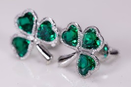 3Ct Heart Cut Green Emerald Clover Leaf Stud Earring 14K White Gold Finish - £85.19 GBP