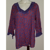 NWT Indira Cotton Shirt Top 3X Semi-Sheer Red Purple Floral Wrist/Neck R... - £10.04 GBP