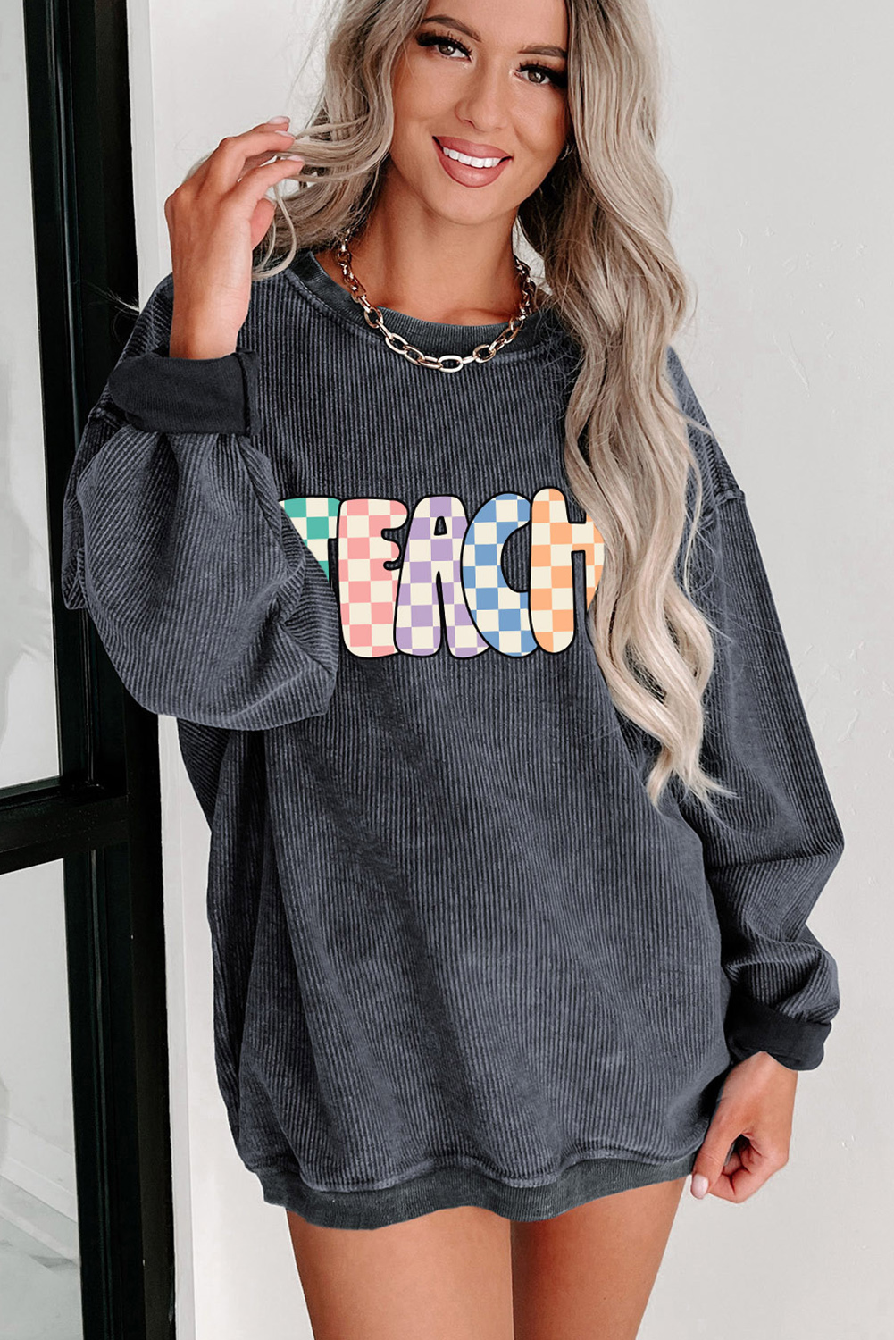 Gray Checkerboard TEACH Graphic Corded Crew Neck Sweatshirt - $32.42