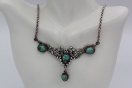 Vintage 925 Sterling Silver Natural Turquoise V Shape Necklace 21&quot; Long - £109.76 GBP