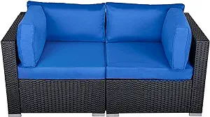 Loveseat, 2 Piece Wicker Outdoor Sectional Couch With Removable Navy Blu... - £320.22 GBP