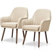 Set of 2 Retro Off-White Linen Upholstered Accent Chair with Stylish Wood Legs - $7,778.53 MXN