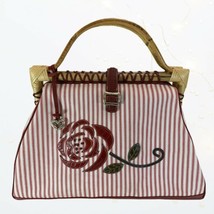 Vtg Brighton Doctors Bag Tote Handbag Red Leather Rose Bamboo Handles XLarge HTF - £116.80 GBP