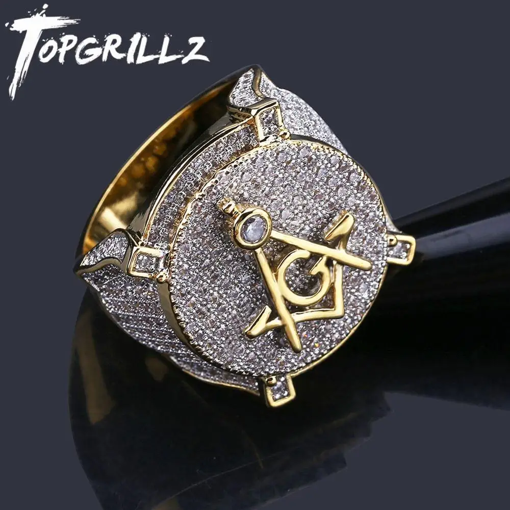 Hip Hop GolPlated Brass Iced Out Micro Pave Cubic Zircon Masonic Ring Charm For  - £20.84 GBP