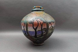 Ken Jensen 1998 Signed Large Landscape Scene Raku Pottery Covered Vessel Pot Jar - £632.12 GBP