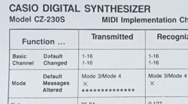 Casio CZ-230S Digital Synthesizer MIDI Implementation Chart Sheet, Repro... - $11.84