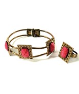 Vtg Brass Tone Cuff Bracelet Pink Jewels &amp; Matching Adjustable Ring - €17,32 EUR