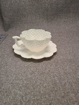 Antique Belleek 2nd Black Mark Pine Cone Porcelain Tea Cup &amp; Saucer RARE White - £123.85 GBP