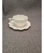 Antique Belleek 2nd Black Mark Pine Cone Porcelain Tea Cup & Saucer RARE White - $156.75