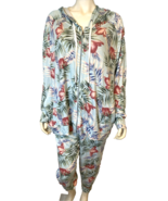 Vintage America Blue Green Pink Floral Print Hooded 3/4 Sleeve Jacket &amp; ... - $23.74