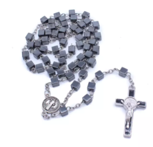 Hematite Square Bead St. Benedict Crucifix and Centerpiece Rosary Catholic Men&#39;s - £13.58 GBP