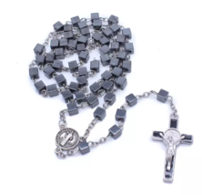 Hematite Square Bead St. Benedict Crucifix and Centerpiece Rosary Cathol... - $16.99