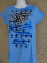 Nwt Womens Hanes Med S/S Graphic Crew Neck Tee Shirt Blue Fleur De Lis - £3.15 GBP