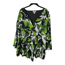 Cato Woman Tunic Top 22/24W Green Multicolor 3/4 Sleeve Floral Print V-Neck - £10.06 GBP
