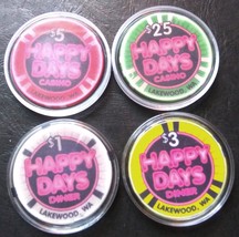 Happy Days Casino Chips - Lakewood - Sample Set - 4 Chips - $1 $3 $5 &amp; $25 - £23.55 GBP