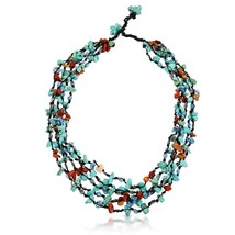 Festive Multi-Layered Red &amp; Turquoise Mix Beads &amp; Stones Statement Necklace - £18.45 GBP