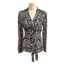 Faenza Cardigan Sweater Womens L Black White Geometric Print Tie Waist O... - $14.89