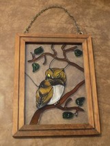 Hand-Painted Owl Tree Leaves Rectangle Glass Suncatcher Wood Framed Wall - £31.14 GBP
