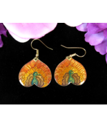 PEACOCK HEART Vintage PIERCED EARRINGS Cloisonne Enamel Orange Goldtone ... - $17.81