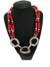 Julea B Fashion Necklace Red and Silvertone Beads w Hammered Links NEW - $8.54