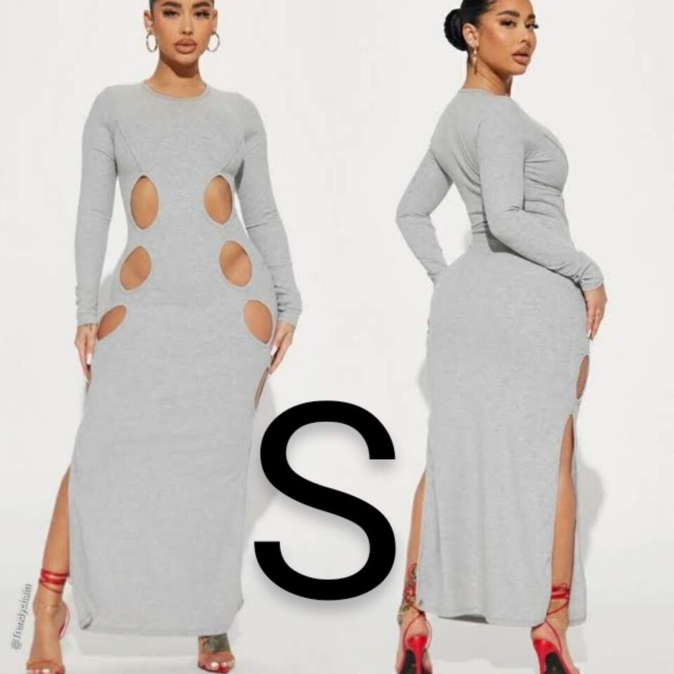 Primary image for Fashion Nova Heather Grey Ribbed Cut Out Long Sleeve Maxi Dress~Size S