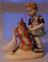 Vintage Figurine Occupied Japan Girl Umbrella Goose Colorful Collectible... - $14.97
