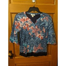 CJ Banks Size S Lace Lined Body Stretch Knit Top Blouse Shirt Floral Blue Boho - £11.78 GBP