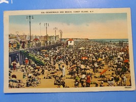 Vtg Linen Postcard Boardwalk And Beach, Coney Island, New York City, NY, Nathans - £3.18 GBP