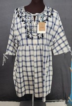 NEW Umgee Plaid Embroidered Short Sleeve Ivory Navy Babydoll Dress Women... - $26.95