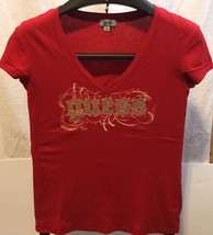 Guess Women&#39;s Red T-Shirt V Neck Cap Sleeve Gold Embellished Logo L Cott... - £13.93 GBP