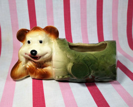 Darling Vintage 1950&#39;s American Bisque Whimsy Bear in a Log Art Pottery Planter - £14.05 GBP