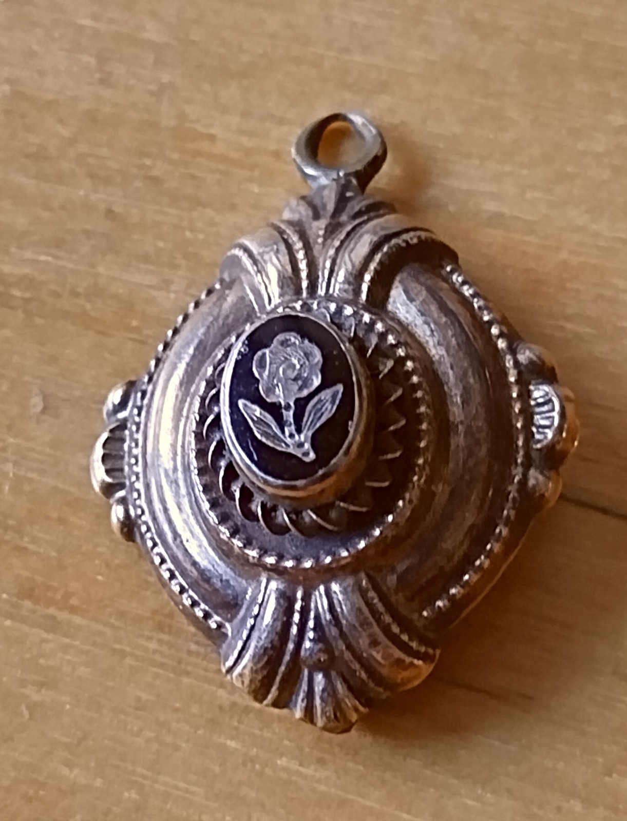 1&quot; Antique Victorian small brass mourning pendant with etched flower - $35.00