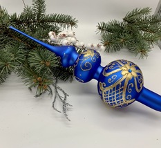 Big blue with gold glitter Christmas glass tree topper, Christmas finial - $23.35