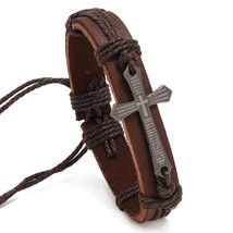 Vintage Punk Adjustable Cross Bracelets Men Women Simple Religious Braided Leath - £8.20 GBP