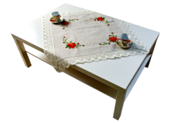 Linen Table Topper with LACE, Summer Table Topper, Embroidered Flower, 3... - $39.00