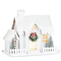 Snowy Christmas House Statue LED 8.5&quot; high Papercraft White Shed Wreath Lights - $39.59