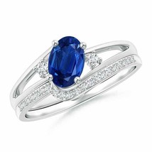 ANGARA Oval Blue Sapphire and Diamond Wedding Band Ring Set in 14K Solid Gold - £1,921.83 GBP
