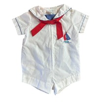 Vtg 80s USA Sailor Suit Infant Baby Boys Red White Blue 6-9 M Romper Mot... - $19.79