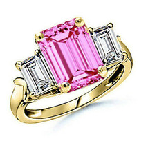 7.25CT Women Unique 3 Stone Engagement Yg Solid Pink Sapphire 14K Ring Size 7 - £237.35 GBP