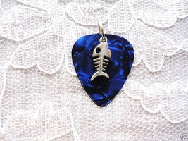 DARK BLUE GUITAR PICK PIRHANA FISH BONE CHARM PENDANT ADJ NECKLACE - $4.99